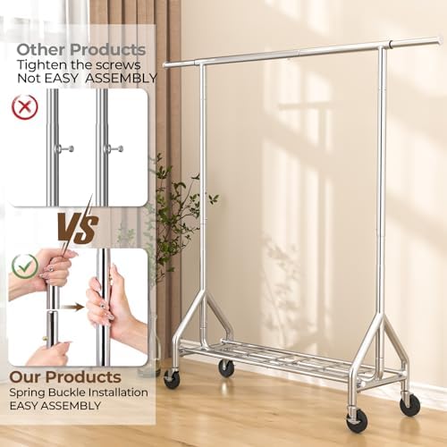 HYSEYY Heavy Duty Clothes Rack Load 450 LBS, Metal Garment Rack, Standing Rolling Clothing Rack for Hanging Clothes with Sturdy Wheels & Shelves, Portable Closet Wardrobe Rack,Sliver - Image 6
