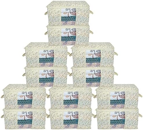 Kuber Industries Foldable Underbed Storage Bag|Organizer For Clothes Large|Non-Woven Comforter, Blanket Cover|Metalic Print & Side Handle|Pack of 12 (Brown & Cream) by Kuber+Industries
