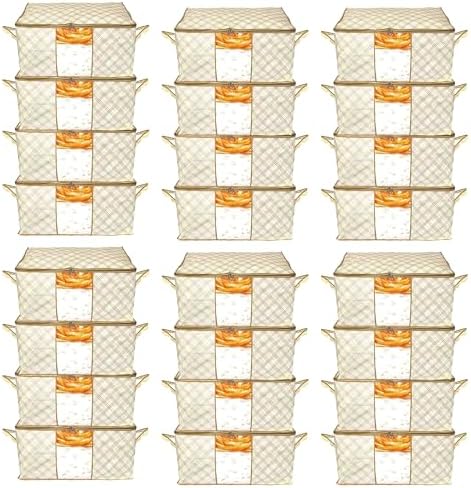 Kuber Industries (Pack of 24) Underbed Storage Bag | Check Print | Large Blanket Organizer | Clothing Storage Bag | Clear Window & Handle Storage Bag | Kambal Storage Bag | Ivory by Kuber+Industries