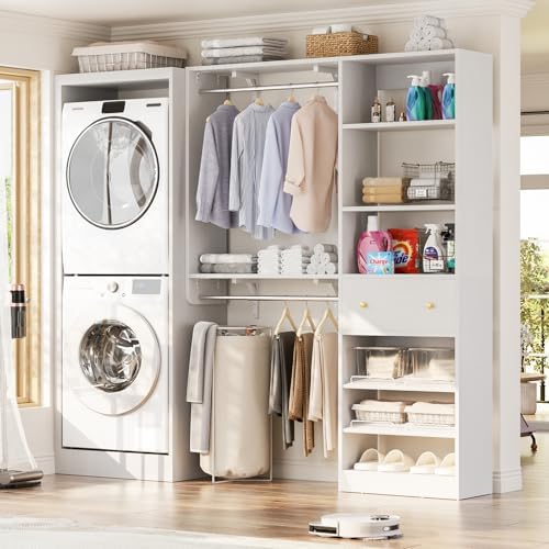 Closet System with Drawer - Reversible 5FT Wood Closet Organizer System with 2 Hanging Rods and Adjustable Shelf, Walk In Closet Organizers with Shoe Rack, Built-In Garment Rack Clothes Rack, White - Image 7