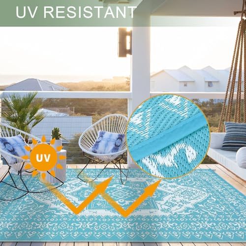 COZYLOOM Outdoor Rug 9' x 18' Waterproof for Patios Clearance, Reversible, Plastic Straw Camping Rug Carpet with 4 Stakes, Large Area Rugs for RV, Picnic, Backyard, Deck, Balcony, Porch, Blue & White - Image 6