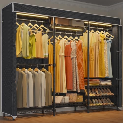 VIPEK V5LC Garment Rack Heavy Duty Covered with Dimmable LED Light 3000K Warm White, Portable Closet Wardrobe Freestanding for Hanging Clothes, Black with Cover by VIPEK