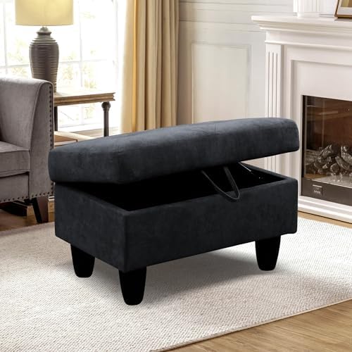 28.5'' Ottoman with Storage, Linen Ottoman Foot Rest for Living Room Upholstered Footstool, Perfect Storage Ottoman Bench Bag Floor Chair for Bedroom or Entryway, Black Grey - Image 3
