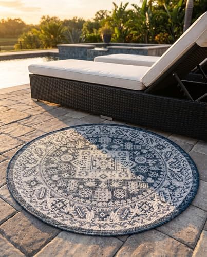 Rugs.com - Outdoor Aztec Rug – 3 Ft Round Blue Indoor/Outdoor Rug – Washable, Stain-Resistant for Patios, Decks, and Porches - Image 5