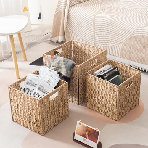 Foldable Square Baskets Set of 4, Paper Woven Storage Cube Bins with Handles for Shelves Cubby Organizing (Natural, 13'' x 13'' x 13'') - Image 7