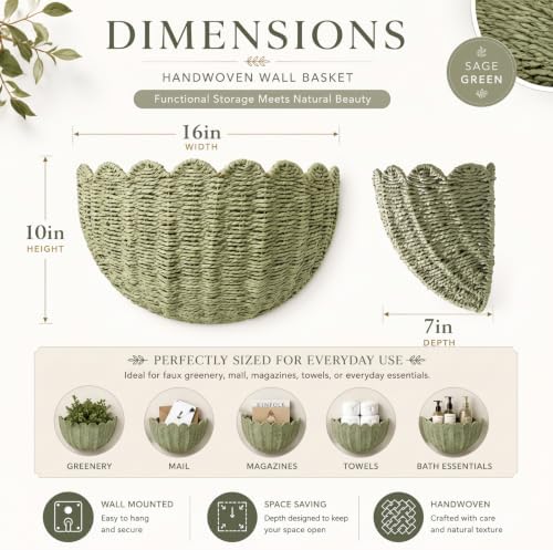 Newtay Sage Green Scalloped Wall Basket 16" x 10" x 7" Hand Woven Rattan Hanging Basket Boho Farmhouse Storage Organizer for Bathroom Living Room Entryway Decorative Floating Wicker Bin - Image 2