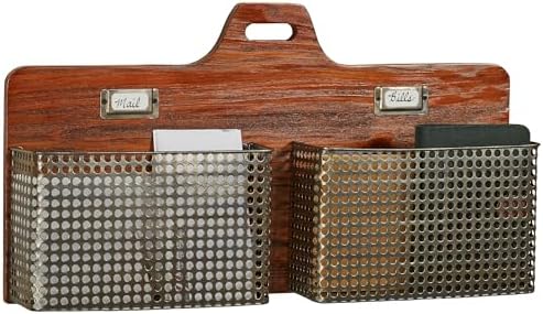 Sawyer Vertical Wall Organizer - Mission Red Oak - Handcrafted - Wooden Back, Metal Baskets - Vintage Hanging Organizer - Two Tier Basket for Mail, Paper, Letters - 24 Inches Wide Horizontal by TouchofClass