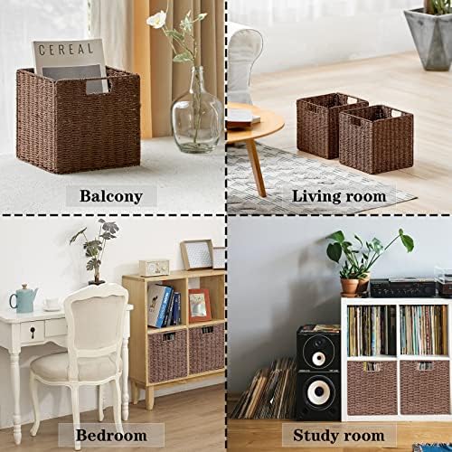 Vagusicc Wicker Storage Basket, Set of 2 Hand-Woven Storage Baskets for Shelves with Handles, Foldable Cube Storage Baskets Bins Organizer, 13 inch Large Wicker Baskets for Pantry Bedroom Decor, Brown - Image 4