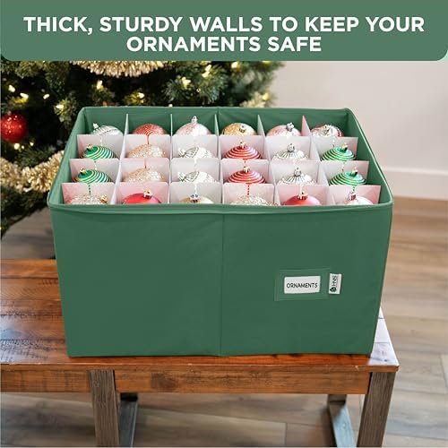 Christmas Ornament Storage Container with Dividers - Box Stores Up to 96 Ornaments, Zippered, Convenient, Adjustable, Large Organizer Bin to Protect Holiday Décor, Fits Most Standard Size, Green - Image 2