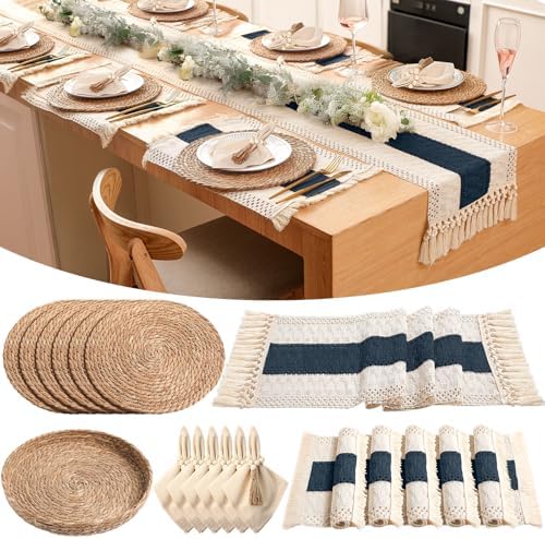 6 Sets Boho Placemat Table Runner Napkin Rings, Blue, 12x72 by Gandeer