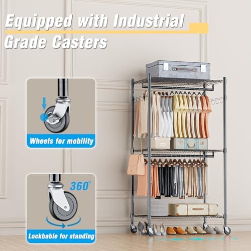 Homdox Heavy Duty Clothing Rack with 3 Tier Adjustable Wire Shelves, Garment Racks for Hanging Clothes, Double Rods Clothing Rack, Freestanding Closet Wardrobe with Side Hooks, Black - Image 4