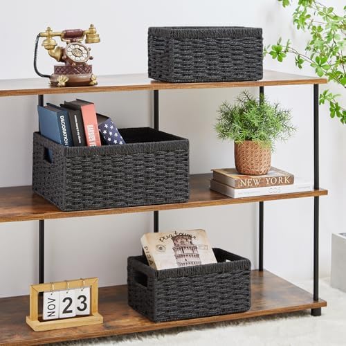 Vagusicc Wicker Storage Basket, Set of 3 Wicker Basket, Hand-Woven Paper Rope Storage Baskets for Organizing, Large Cube Storage Organizer Bins Baskets for Shelves Small Toilet Paper Baskets, Black - Image 3