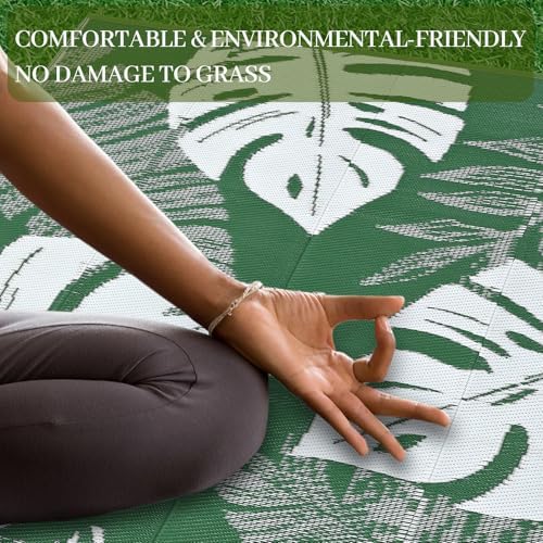 COZYLOOM Large Outdoor Rug 9 x 18 Waterproof Tropical Leaf Plastic Straw Rug, Modern Patio Rug, UV-Resistant Reversible Mat with 4 Stakes, Outside Carpet for Backyard, RV, Deck, Picnic, Green White - Image 7