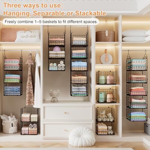 Sonyabecca 5-Tier Hanging Closet Organizer – Black Closet Storage Shelves with Wire Baskets for Clothes, Handbags, Sweaters & Accessories, Includes 2 Hanging Hooks & 5 S-Hooks - Image 4