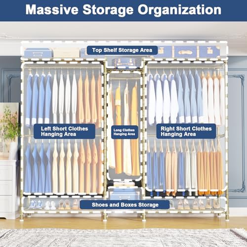 Ulif E12 Pro Clothes Rack，Heavy Duty Freestanding Garment Rack with Shelves，Metal Clothing Closet Storage System for Hanging Clothes，71" W x 16" D x 76.5" H, Hold 960 lbs，Gold - Image 6