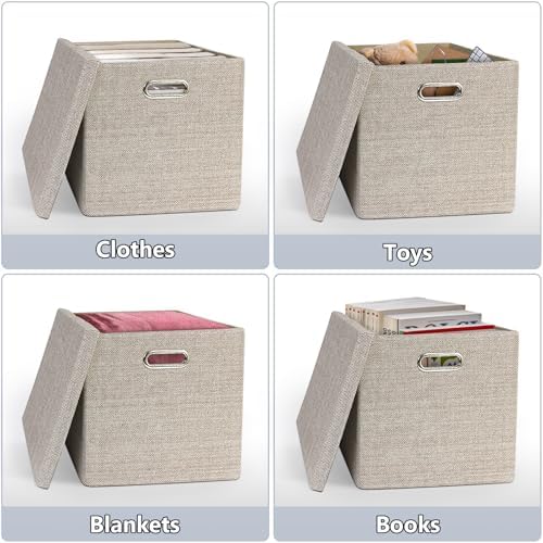 Storage Bins with Lids,13 x 13 Inch Foldable Fabric Cube Baskets Boxes Organizer for Closet, Shelves, and Home. (Khaki, (13x13) 3 pack) - Image 4