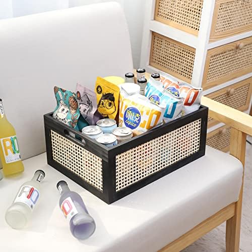 Black Wooden Rattan Storage Basket with Handle,14.96"x11.02"x6.30" - Image 6