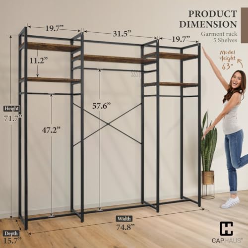 CAPHAUS 913lbs Capacity Garment Rack for Hanging Clothes, Heavy Duty Open Wardrobe w/Hanging Rods, Free Standing Closet Organizer, Clothing Rack, Metal Closet w/Wooden Boards, Rustic Oak Board - Image 2