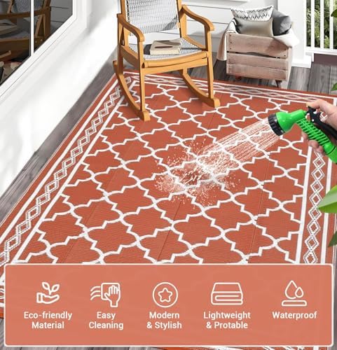 Outdoor Plastic Straw Rug 10x14 Large Patio Rug Vintage Trellis Floor Mat Waterproof Rugs for Patio Reversible Outdoor Rugs for RV Beach Porch Camping Backyard Deck Picnic, Orange - Image 5