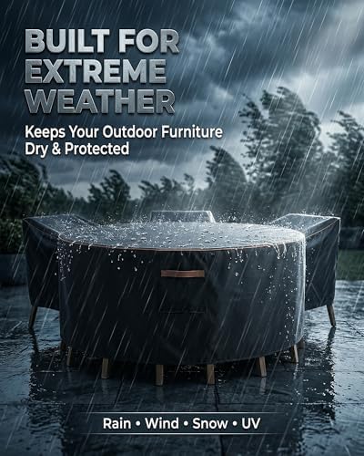 Round Outdoor Patio Furniture Cover, Heavy Duty 600D Waterproof Cover for Table & Chair Set or Sofa Set Covers, Windproof,UV Resistant, All-Season for Backyard,Deck,Garden,110"L x 110"W x 28"H,Black - Image 3