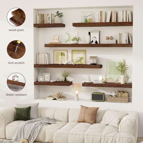 Acovy 36 Inch Floating Shelves, 12" Deep Floating Shelf Wall Mounted, 36" Wall Shelves, Rustic Deep Bookshelf, Extra Deeper & Thicker Display Shelves for Bedroom, Living Room, Brown, Set of 2 - Image 7