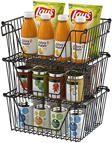 Slideep 14'' Black Stackable Storage Baskets Sturdy Metal Wire Freezer Bins Cabinet Organizer for Pantry Home Kitchen Organization- Set of 6 - Image 3