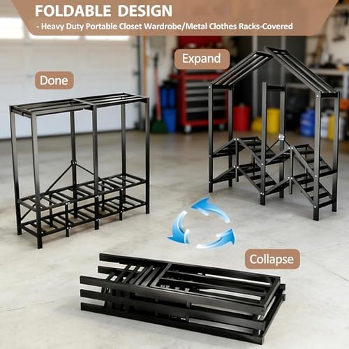 Heavy Duty Clothes Rack with Cover, Portable Wardrobe Closet with Magnetic Door & Black Steel Frame, Foldable Freestanding Garment Storage (Red-Magnetic Door, 70.8''L x 20.5''W x 67''H) - Image 7