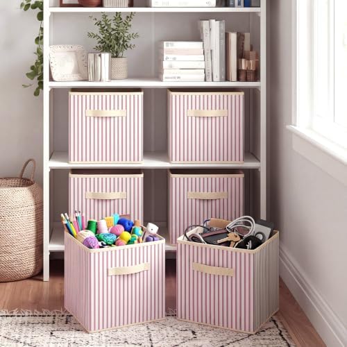 Amyhill 6 Pack Pink Striped Basics Collapsible Fabric Storage Bins - Image 5