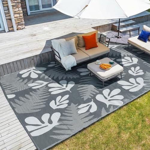 wikiwiki 9x12ft Outdoor Rug, Reversible Plastic Patio Rug Waterproof, Indoor Outdoor Carpet Clearance, Large Area Carpet for Patio Deck Balcony Pool RV Camping Beach Picnic, Grey Small Leaves by WikiwikiPatioUmbrellas