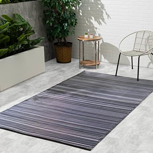 Fab Habitat Outdoor Rug - Waterproof, Fade Resistant, Crease-Free - Premium Recycled Plastic - Striped - Patio, Porch, Deck, Balcony - Cancun - Midnight - 5 x 8 ft by FabHabitat