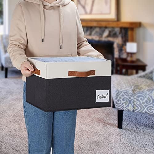 Extra Large Storage Bins with Lids, Foldable Fabric Storage Baskets with Lids, Sturdy Storage Boxes with Labels and 3 PU Handles for Closet Home Bedroom Office (32L, 3 Packs, Black&White) - Image 2