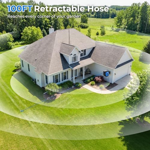 Retractable Garden Hose Reel, 1/2 Inch x 100 ft + 6.6 ft Heavy Duty Wall Mounted Hose Reel with 10 Patterns Nozzle, Any Length Lock, Upgraded Slow Return System, 180°Swivel Bracket and UV Resistant - Image 5