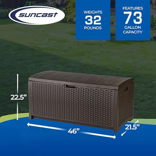 Suncast Outdoor Storage Box - 73 Gallon Mocha Brown Deck Box for Patio, weather-resistant Outdoor Storage Bench, Resin Wicker Style, Heavy-Duty, Lockable Lid for Cushions, Shoes, Pool & Garden Gear - Image 3