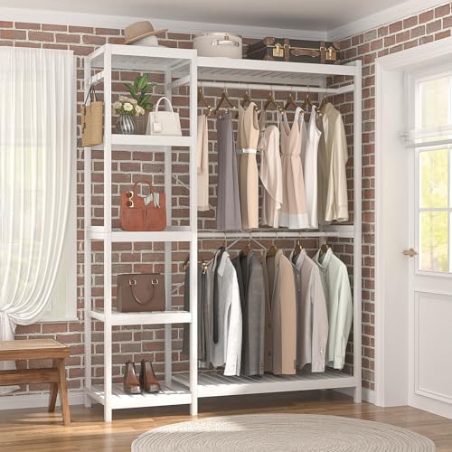Homykic Bamboo Clothing Rack with 7 Adjustable Shelves, 2 Hang Rods, White - Image 6