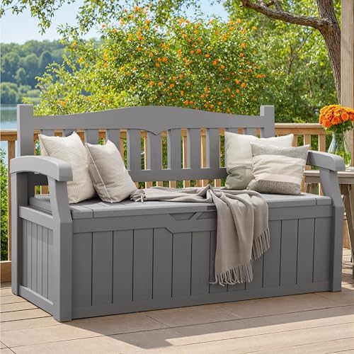 Greesum 80 Gallon Storage Bench Outdoor Deck Box with Armrest, Grey - Image 2
