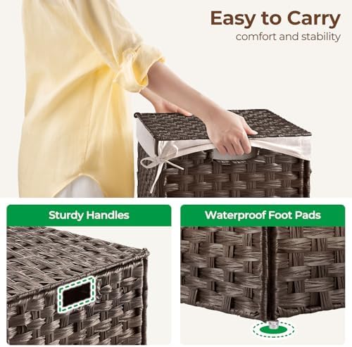 GREENSTELL Storage Basket with Lid, 27.7 Gallon(105L) Lagre Wicker Blanket Storage Basket with Handles, Foldable, 2 Removable Liner Bags, Metal Frame, for Bedroom, Laundry Room, Brown - Image 3