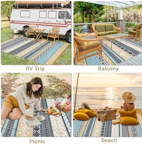 GlowSol Outdoor Rugs 9x12 Waterproof Portable Camping Carpet, Reversible Outdoor Plastic Straw Rug for Patio, RV Mat Bohemian Outdoor Rugs for Porch,Deck,Backyard,Balcony,Picnic,Yellow/Teal - Image 3