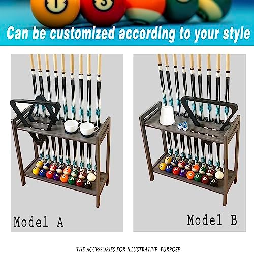 Pool Stick Holder Floor Stand Holds 9 Cues & Pool Table Accessories. Wooden 2-Tier Cue Stick Storage with Ball Rack Hangers, Billiard Cone Chalk Holder or Drink Pads - Image 2