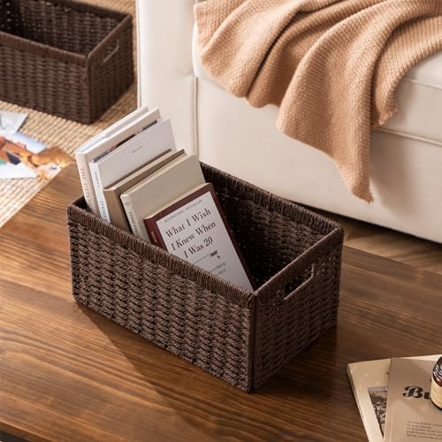 UBBCARE 4 Pack Wicker Basket, 13.4L×8.3H×7.1W inch Woven Paper Rope Storage Baskets for Shelves, Foldable Rectangular Storage Baskets with Handle, Storage Basket for Organizing, Dark Brown - Image 5