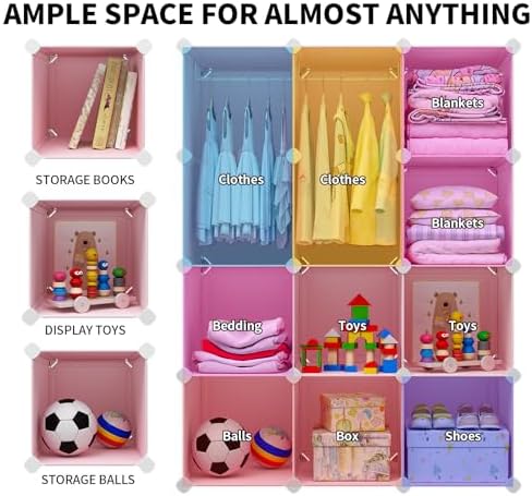VIPZONE Baby Dresser, Kids Closet Organizers, Portable Kids Wardrobe for Closet, Bedroom, Nursery, Cubby, Cabinet, Clothes, Dress, Baby Storage Shelf, Armoire Clothes Hanging (12 Cube, Pink) - Image 5