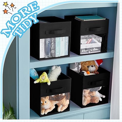 Marsui 12 Pcs Clear Cube Storage Bins Collapsible Fabric for Kids, Black - Image 4
