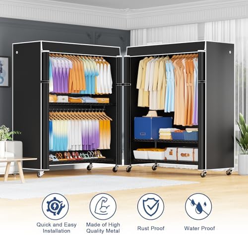 ULIFHOME P8C Max Heavy Duty Clothes Rack（With Extended Width Design） Rolling Clothing Racks for Hanging Clothes with Lockable Wheels，51.2"W x 15.8"D x 80.5"H，Load 800LBS，Black Rack with Black Cover - Image 4
