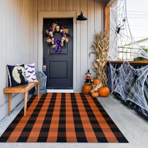 MUBIN Fall Decor Cotton Buffalo Plaid Rug, 4' x 6' Orange Black Outdoor Rug Decorative Mat, Washable Large Halloween Doormat Foldable Area Rug for Outdoor Patio Indoor Living Room Dining Room Kitchen - Image 3