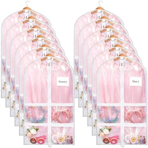 Nuenen 12pcs Garment Bags for Dance Costume Clothing Bags Hanging Clothes Clear Dance Garment Carrier for Dancers with 5 Zipper Pockets Closet Hanging Clothes Cover (White) by Nuenen