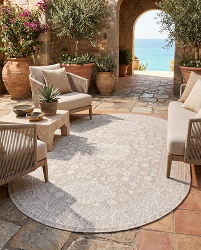 Rugs.com - Outdoor Aztec Rug – 5' 3 x 8' Oval Light Gray Indoor/Outdoor Rug – Weather Resistant for Patios, Decks, and Porches - Image 6