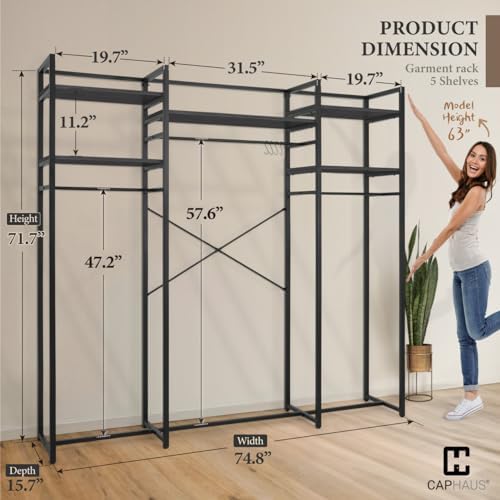 CAPHAUS 913lbs Capacity Garment Rack for Hanging Clothes, Heavy Duty Open Wardrobe w/Hanging Rods, Free Standing Closet Organizer, Clothing Rack, Metal Closet w/Wooden Boards, Black Vintage Board - Image 2