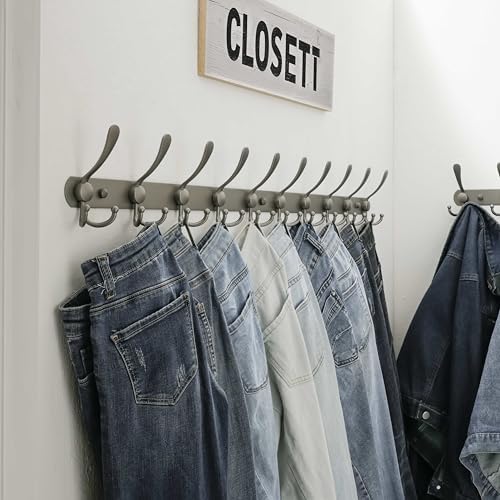 Dseap Coat Rack Wall Mount - 38” Long 10-Tri-Hooks Heavy Duty Coat Hanger Rail Wall Hooks for Hanging Coats Hats Clothing Clothes Purse Mudroom Entryway, Gray, Pack of 2 - Image 4