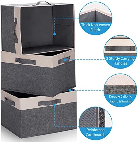GhvyenntteS Large Fabric Storage Bins for Shelves with 3 Handles, 15x11x9.6in Closet Storage Bins, Sturdy Foldable Storage Baskets for Shelves Closet Bedroom Living Room Office (Beige, Set of 6) - Image 3
