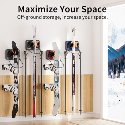 Ski Rack 4Pack, Ski/Snowboard Wall Mount, Skateboard Wall Mount, Fits Any Ski/Snowboard, Holds Up to 100lbs, Winter Gear Organizer, Vertical Ski Storage Rack for Home & Garage - Image 2