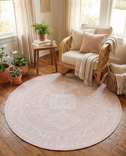 Rugs.com - Outdoor Aztec Rug – 5 Ft Round Pink Indoor/Outdoor Rug – Washable Flatweave Aztec Pattern for Patios, Decks, and Porches - Image 5